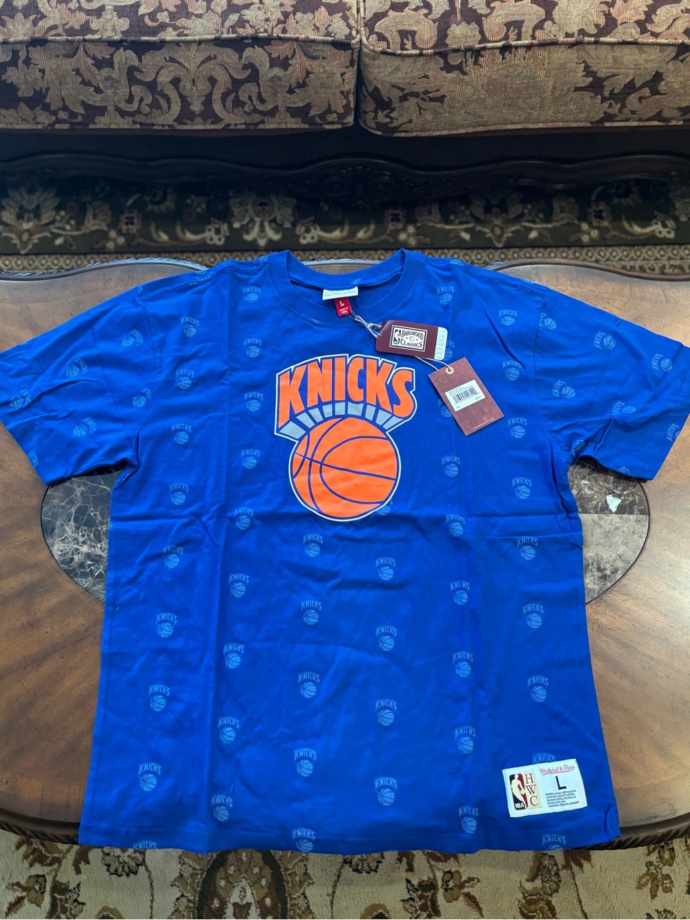 New York Knicks Mitchell & Ness Royal Blue and Orange Knicks Graphic Tee Large